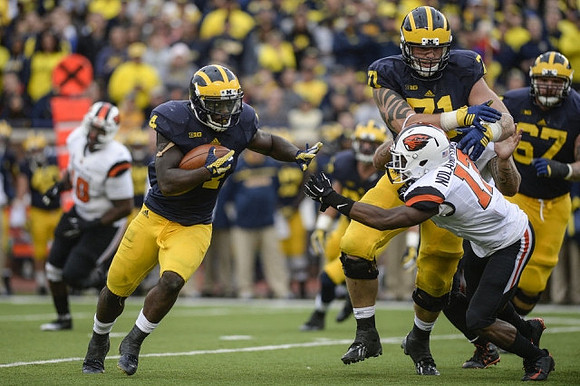 De'Veon Smith (4), Ben Braden (71), and Kyle Kalis (67)