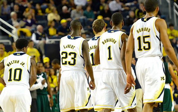 Derrick Walton Jr. (10), Caris LeVert (23), Nik Stauskas (11), Glenn Robinson III (1), and Jon Horford (15)