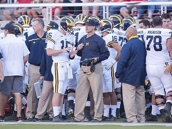 Jake Rudock (15), Jim Harbaugh, Garrett Moores (16), Logan Tuley-Tillman (72), and Erik Magnuson (78)