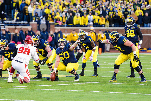 Ben Braden (71), Kyle Kalis (67), Jack Miller (60), Justice Hayes (5), Graham Glasgow (61), and Devin Gardner (98)