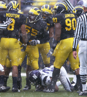 Jonas Mouton (8), Brandon Graham (55), Obi Ezeh (45), and Tim Jamison (90)