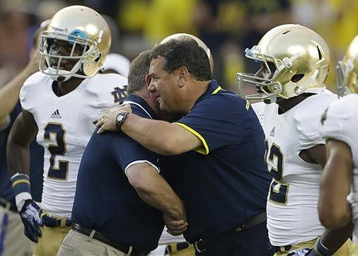 Notre Dame Head Coach Brian Kelly and Brady Hoke