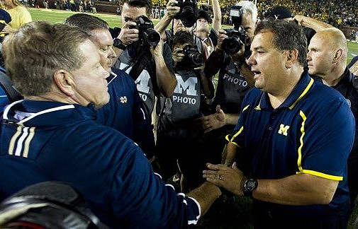 Notre Dame Head Coach Brian Kelly and Brady Hoke