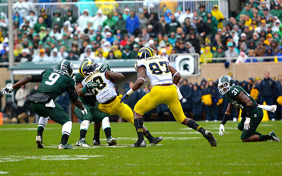 Fitzgerald Toussaint (28) and Devin Funchess (87)