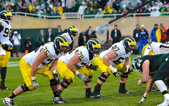 Devin Gardner (98), Michael Schofield (75), Erik Magnuson (78), Kyle Kalis (67), Graham Glasgow (61), and Fitzgerald Toussaint (28)