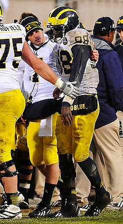Michael Schofield (75), Shane Morris (7), and Devin Gardner (98)