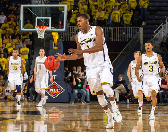 Jon Horford (15), Nik Stauskas (11), Glenn Robinson III (1), Matt Vogrich (13), and Trey Burke (3)