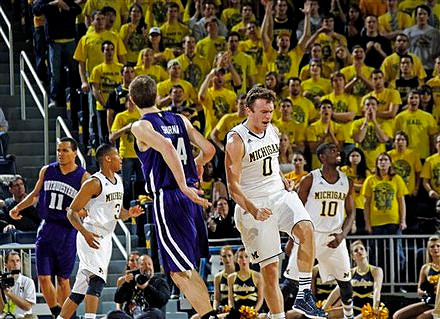 Trey Burke (3), Zack Novak (0), and Tim Hardaway Jr. (10)