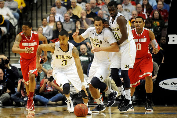 Trey Burke (3), Jordan Morgan (52), and Tim Hardaway Jr. (10)
