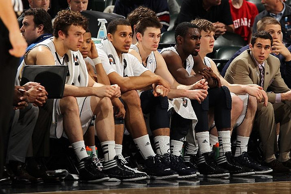 Zack Novak (0), Trey Burke (3), Jordan Morgan (52), Stu Douglass (1), Tim Hardaway Jr. (10), and Matt Vogrich (13)
