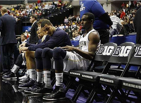 Trey Burke (3), Zack Novak (0), Jordan Morgan (52), and Tim Hardaway Jr. (10)