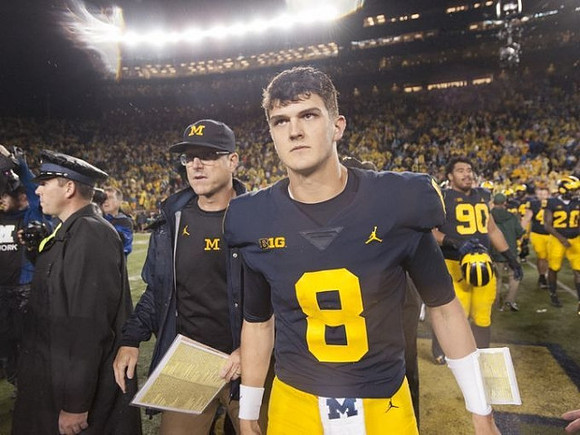 Jim Harbaugh, John O'Korn (8), and Bryan Mone (90)