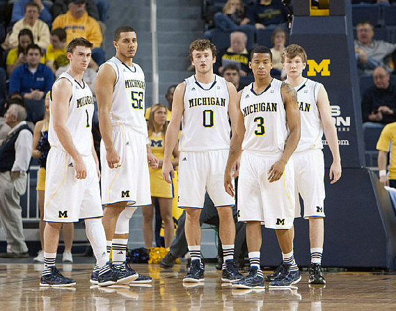 Stu Douglass (1), Jordan Morgan (52), Zack Novak (0), Trey Burke (3), and Matt Vogrich (13)