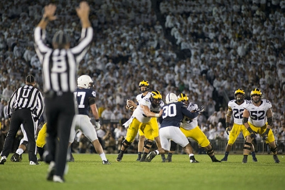 John O'Korn (8), Patrick Kugler (57), Ben Bredeson (74), Karan Higdon (22), and Mason Cole (52)
