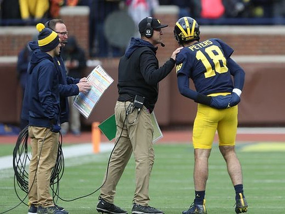 Tim Drevno, Jim Harbaugh, and Brandon Peters (18)