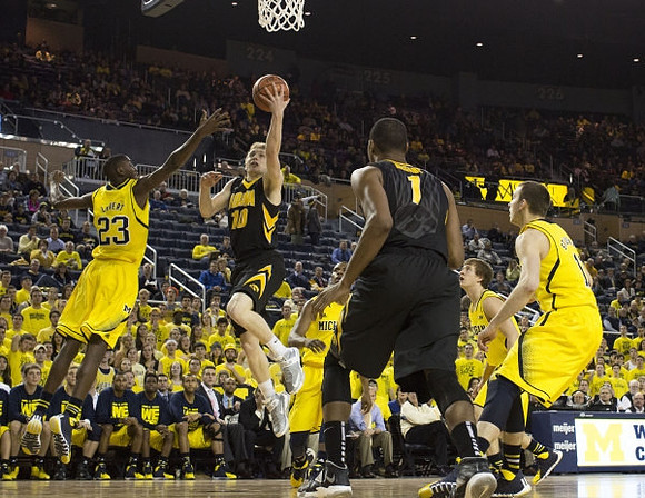 Caris LeVert (23), Glenn Robinson III (1), Spike Albrecht (2), and Nik Stauskas (11)