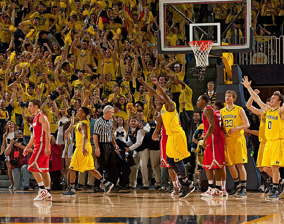 Trey Burke (3), Tim Hardaway Jr. (10), Evan Smotrycz (23), Stu Douglass (1), and Zack Novak (0)