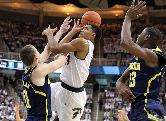 Nik Stauskas (11) and Caris LeVert (23)