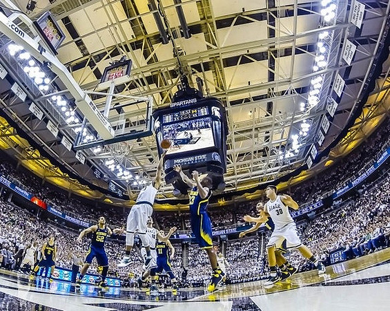 Spike Albrecht (2), Jon Horford (15), Nik Stauskas (11), and Caris LeVert (23)