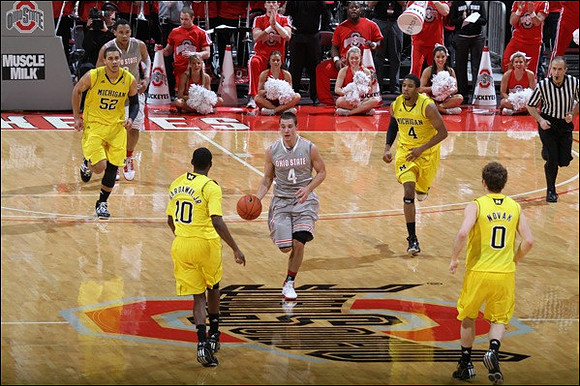 Jordan Morgan (52), Tim Hardaway Jr. (10), Darius Morris (4), and Zack Novak (0)
