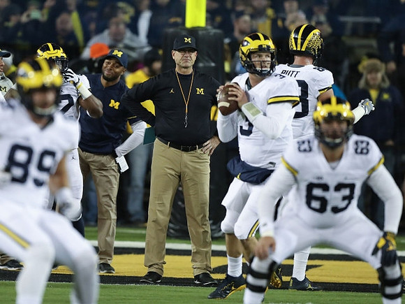 Ian Bunting (89), Jim Harbaugh, Wilton Speight (3), Ben Pliska (63), and Jake Butt (88)