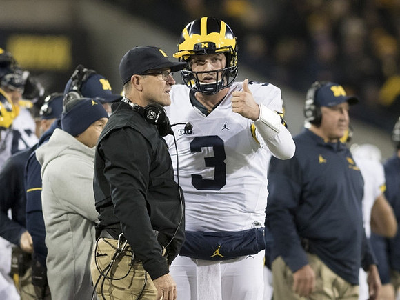 Jim Harbaugh, Wilton Speight (3), and Tim Drevno