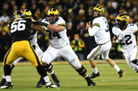 Ben Bredeson (74), Wilton Speight (3), and Karan Higdon (22)