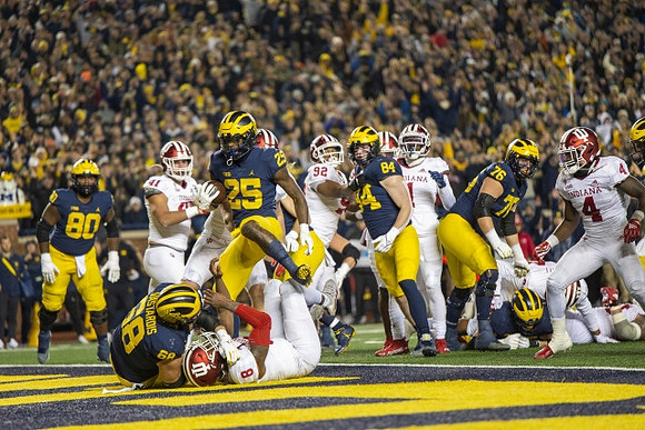 Trente Jones (80), Andrew Vastardis (68), Hassan Haskins (25), Joel Honigford (84), and Ryan Hayes (76)