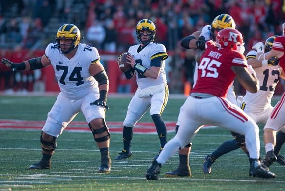 Ben Bredeson (74), Shea Patterson (2), and Tru Wilson (13)