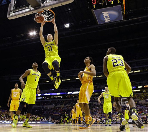 Glenn Robinson III (1), Nik Stauskas (11), Jordan Morgan (52), Caris LeVert (23), and Derrick Walton Jr. (10)