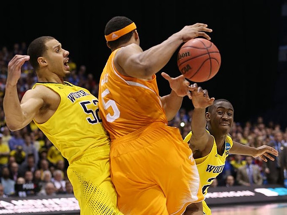 Jordan Morgan (52) and Caris LeVert (23)