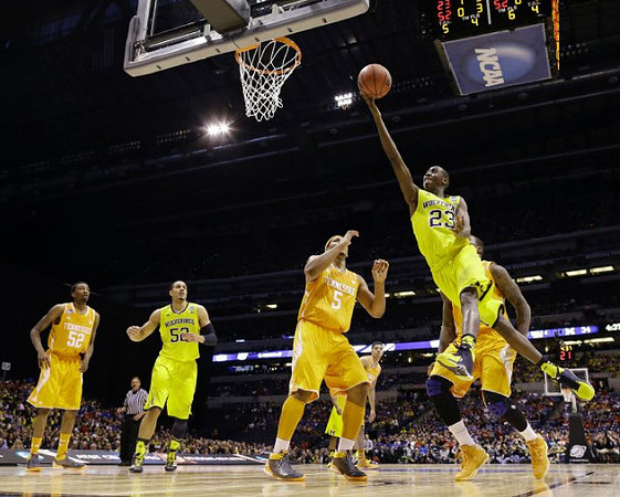 Jordan Morgan (52) and Caris LeVert (23)