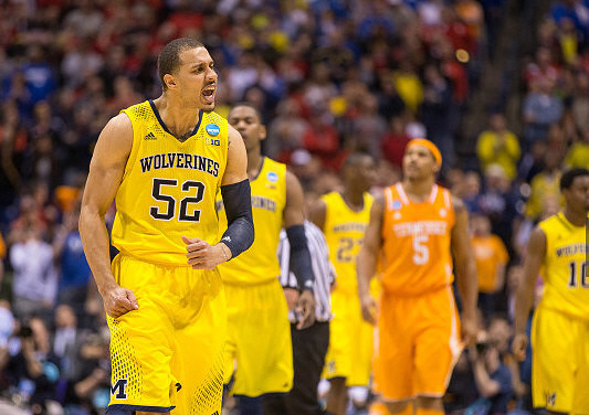Jordan Morgan (52), Glenn Robinson III (1), Caris LeVert (23), and Derrick Walton Jr. (10)