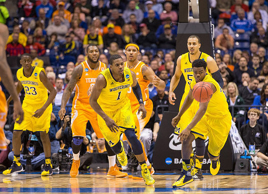 Caris LeVert (23), Glenn Robinson III (1), Jordan Morgan (52), and Derrick Walton Jr. (10)