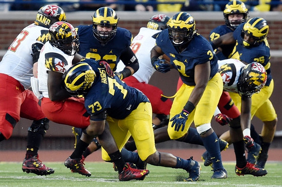 Maurice Hurst (73), Ryan Glasgow (96), Rashan Gary (3), Ben Gedeon (42), and Dymonte Thomas (25)