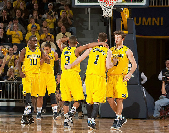 Tim Hardaway Jr. (10), Jordan Morgan (52), Trey Burke (3), Stu Douglass (1), and Zack Novak (0)