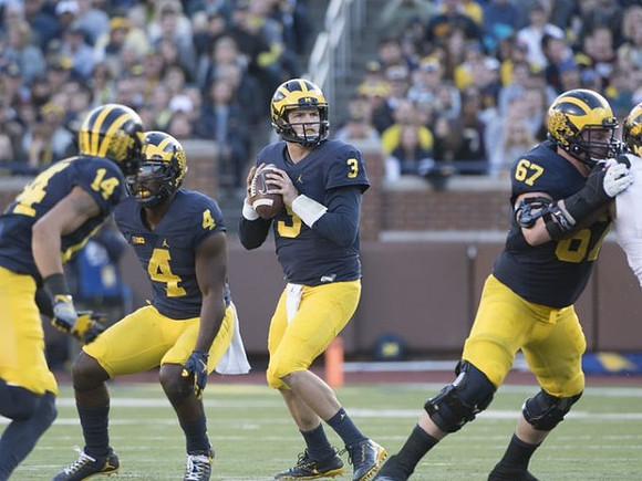 Drake Harris (14), De'Veon Smith (4), Wilton Speight (3), and Kyle Kalis (67)