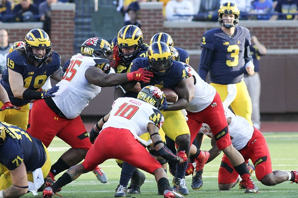 Ben Braden (71), Henry Poggi (19), Ben Bredeson (74), De'Veon Smith (4), Jake Butt (88), and Wilton Speight (3)