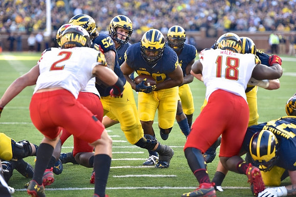 Mason Cole (52), Wilton Speight (3), Khalid Hill (80), De'Veon Smith (4), and Ben Bredeson (74)