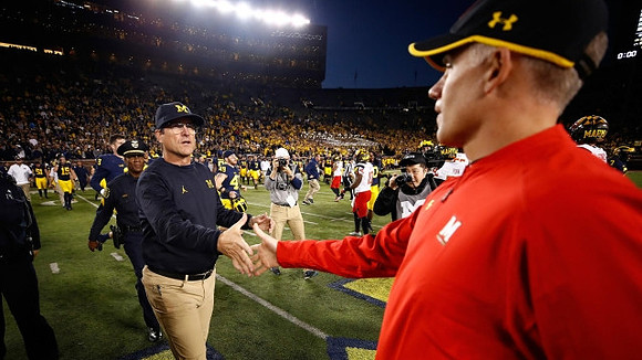 Jim Harbaugh and Maryland Head Coach D.J. Durkin