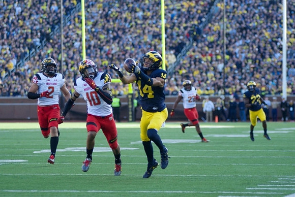 Drake Harris (14) and Karan Higdon (22)