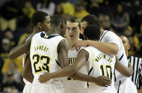 Caris LeVert (23), Glenn Robinson III (1), Nik Stauskas (11), Derrick Walton Jr. (10), and Jordan Morgan (52)
