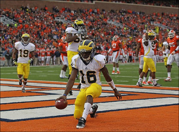Kelvin Grady (19), Patrick Omameh (65), Denard Robinson (16), and Martavious Odoms (9)