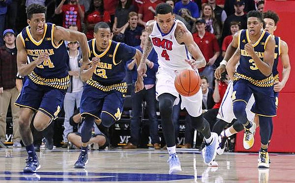 Aubrey Dawkins (24), Muhammad-Ali Abdur-Rahkman (12), Kameron Chatman (3), and D.J. Wilson (5)