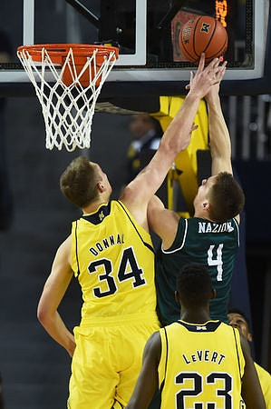 Mark Donnal (34) and Caris LeVert (23)
