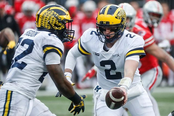 Karan Higdon (22) and Shea Patterson (2)