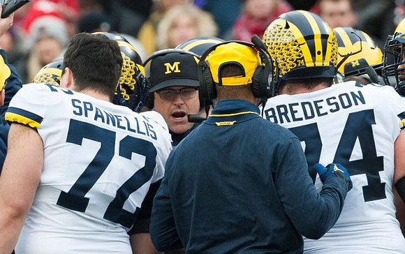 Stephen Spanellis (72), Jim Harbaugh, and Ben Bredeson (74)