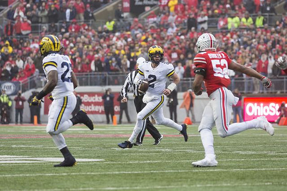 Karan Higdon (22) and Shea Patterson (2)