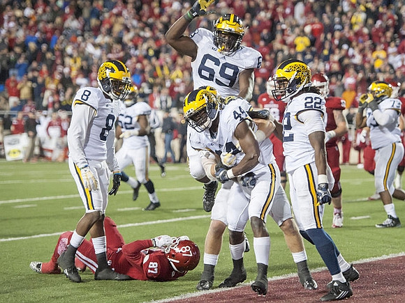 Channing Stribling (8), Royce Jenkins-Stone (52), Willie Henry (69), Delano Hill (44), Jarrod Wilson (22), and Maurice Hurst (73)