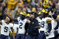 DJ Turner (5), Brad Hawkins (2), Jim Harbaugh, and Darion Green-Warren (28)